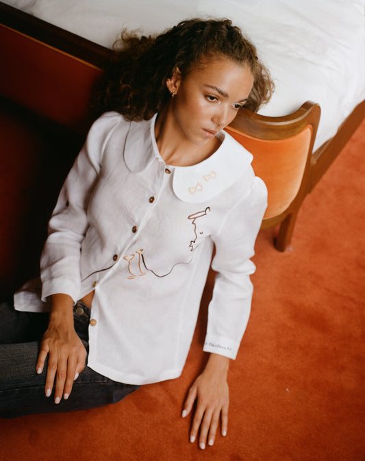 Eat Together Embroidered Claudine Linen Blouse - White x Sshepaints