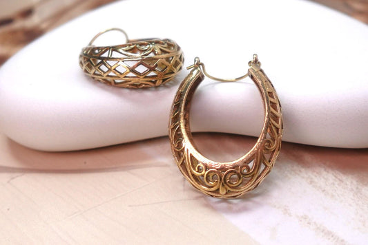 Filigree Brass Hoop Earrings – Crescent Drop Mandala Style.