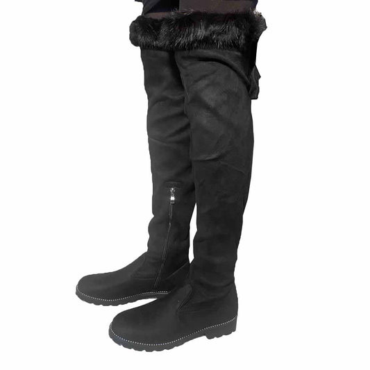 Jessica Long Knee High Winter Zip Up Furry Faux Suede Boots Black