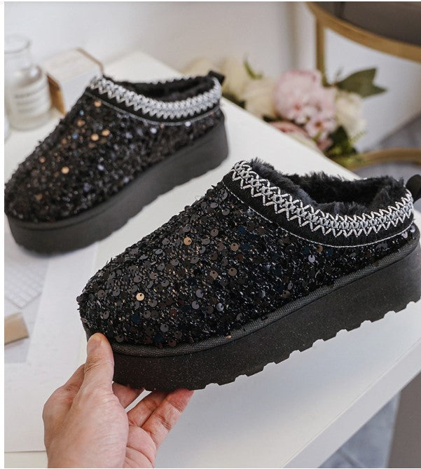 Hanna Sparkling Faux Fur-Lined Women's Slippers with Glittery Platform Sole