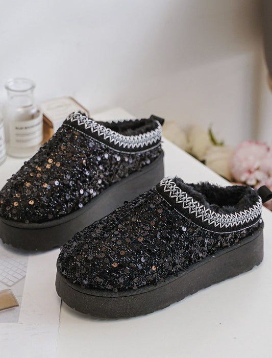 Hanna Sparkling Faux Fur-Lined Women's Slippers with Glittery Platform Sole