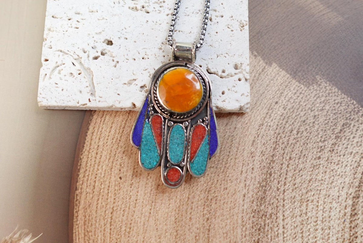 Large Hamsa Pendant - Tibetan Nepal - Amber, Lapis, Turquoise, Coral Stone - Fatima Hands