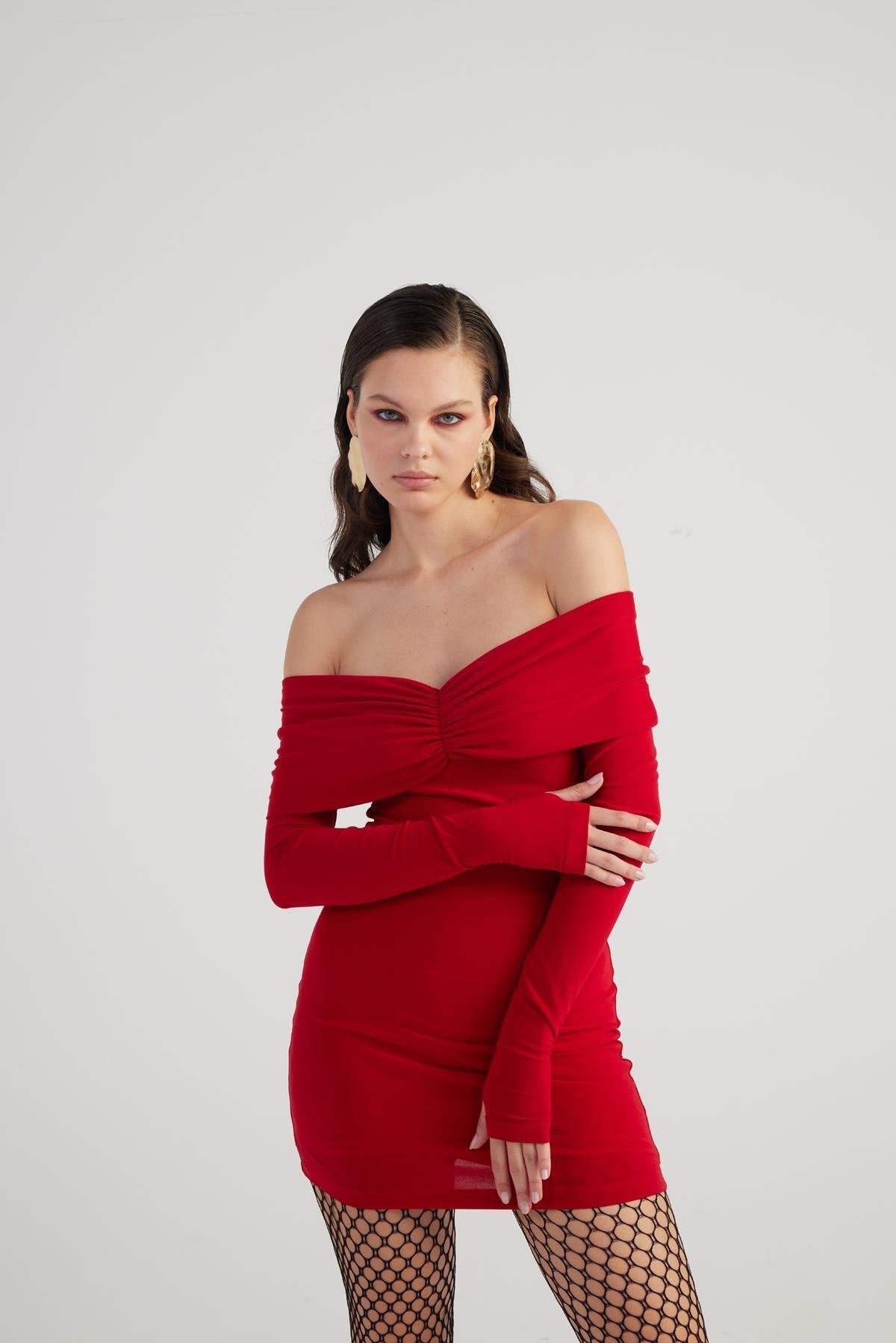 Dreamer Red Bardot Neck Mini Dress