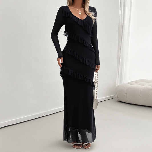 Women's Elegant Slim Fit Mesh V-Neck Dress – Evening Party & Formal Wear