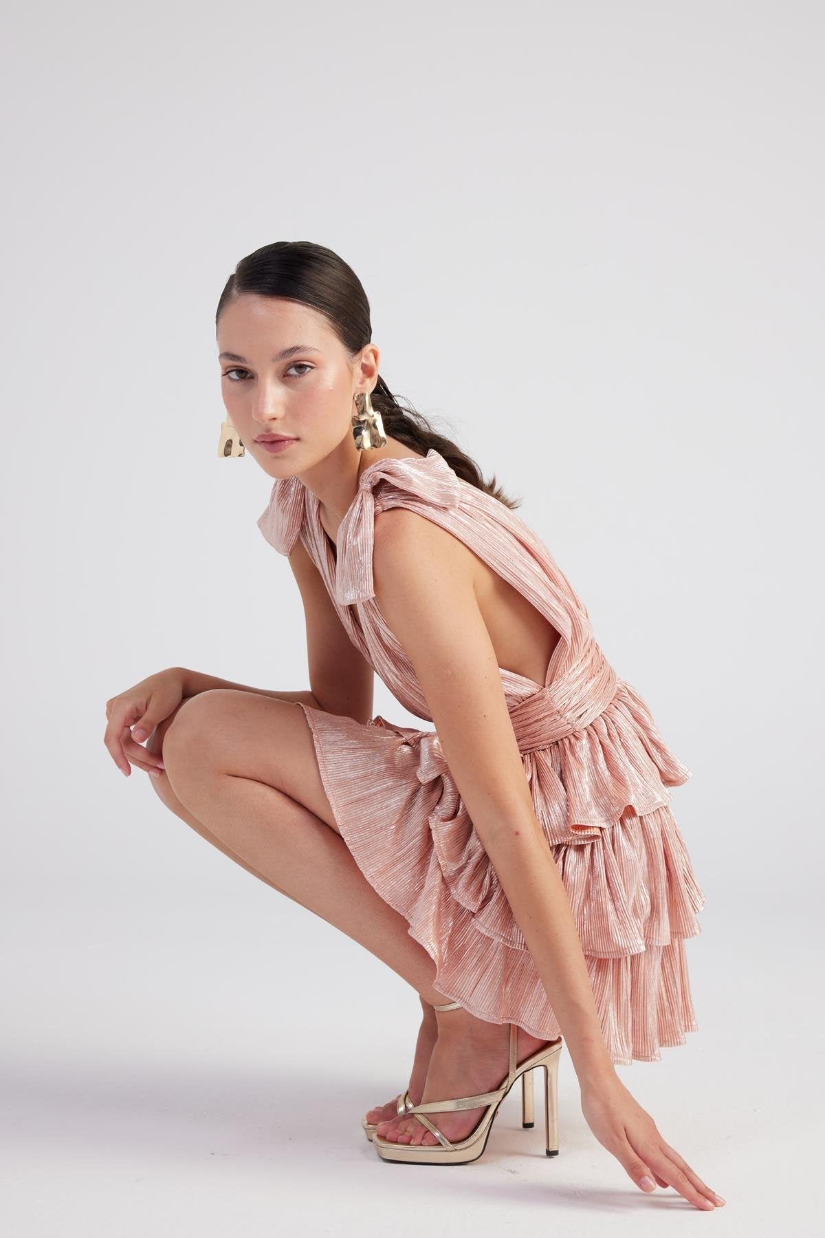 Glare Salmon Shiny Pleated Mini Ruffle Dress
