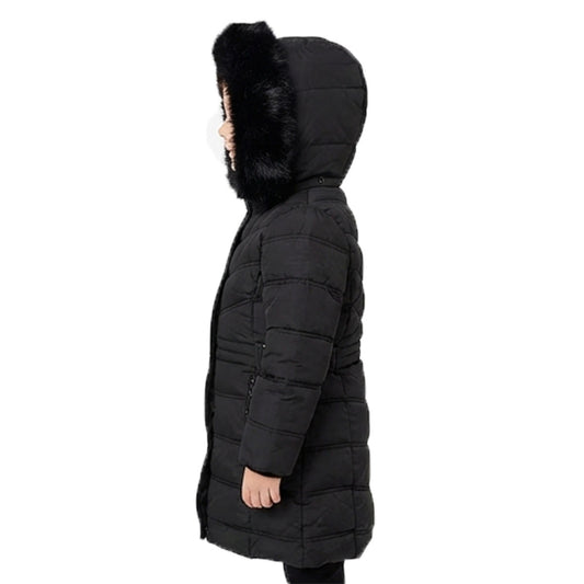 Girls’ Long Winter Puffer Coat with Detachable Faux Fur Hood – Black