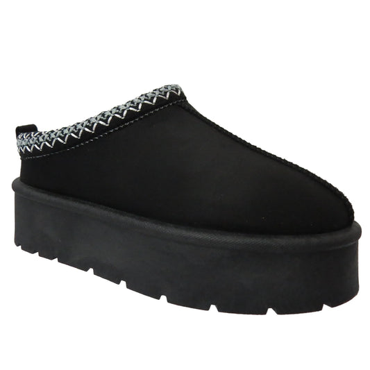 Ladies Platform Aztec Embroidery Faux Fur Slippers