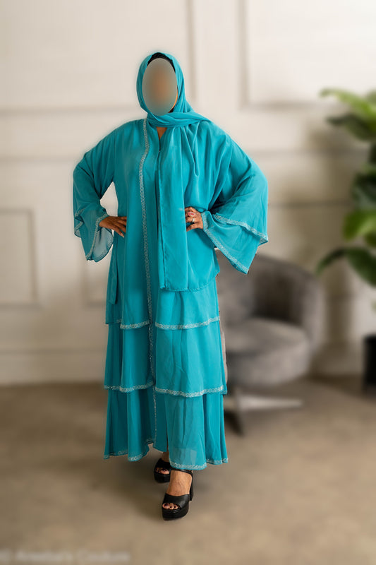 Chiffon Triple Layered Abaya in Vibrant Teal for Elegance and Comfort
