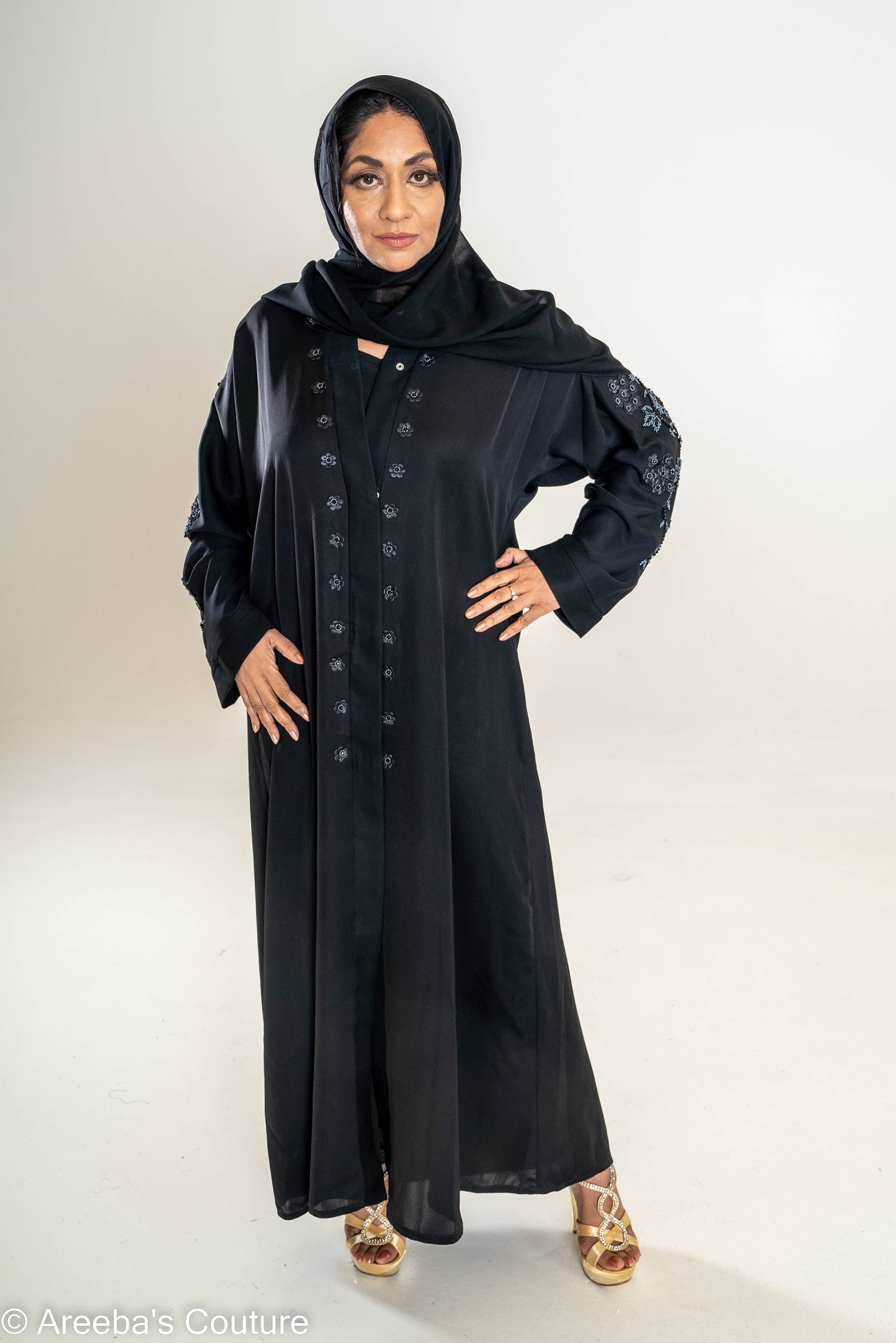 Areeba's Couture Black on Black Cut Dana Abaya - High-Quality Fabric with Elegant Black Dana Detailing for Timeless Style
