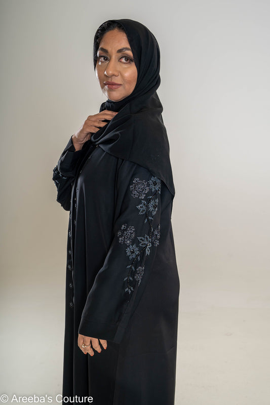 Areeba's Couture Black on Black Cut Dana Abaya - High-Quality Fabric with Elegant Black Dana Detailing for Timeless Style