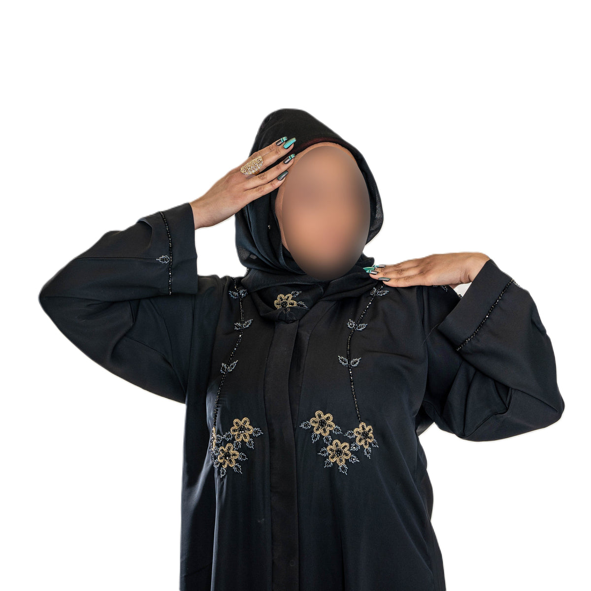 Grey and Gold Cut Dana on Black Abaya - Elegant Intricate Design for Formal Occasions
