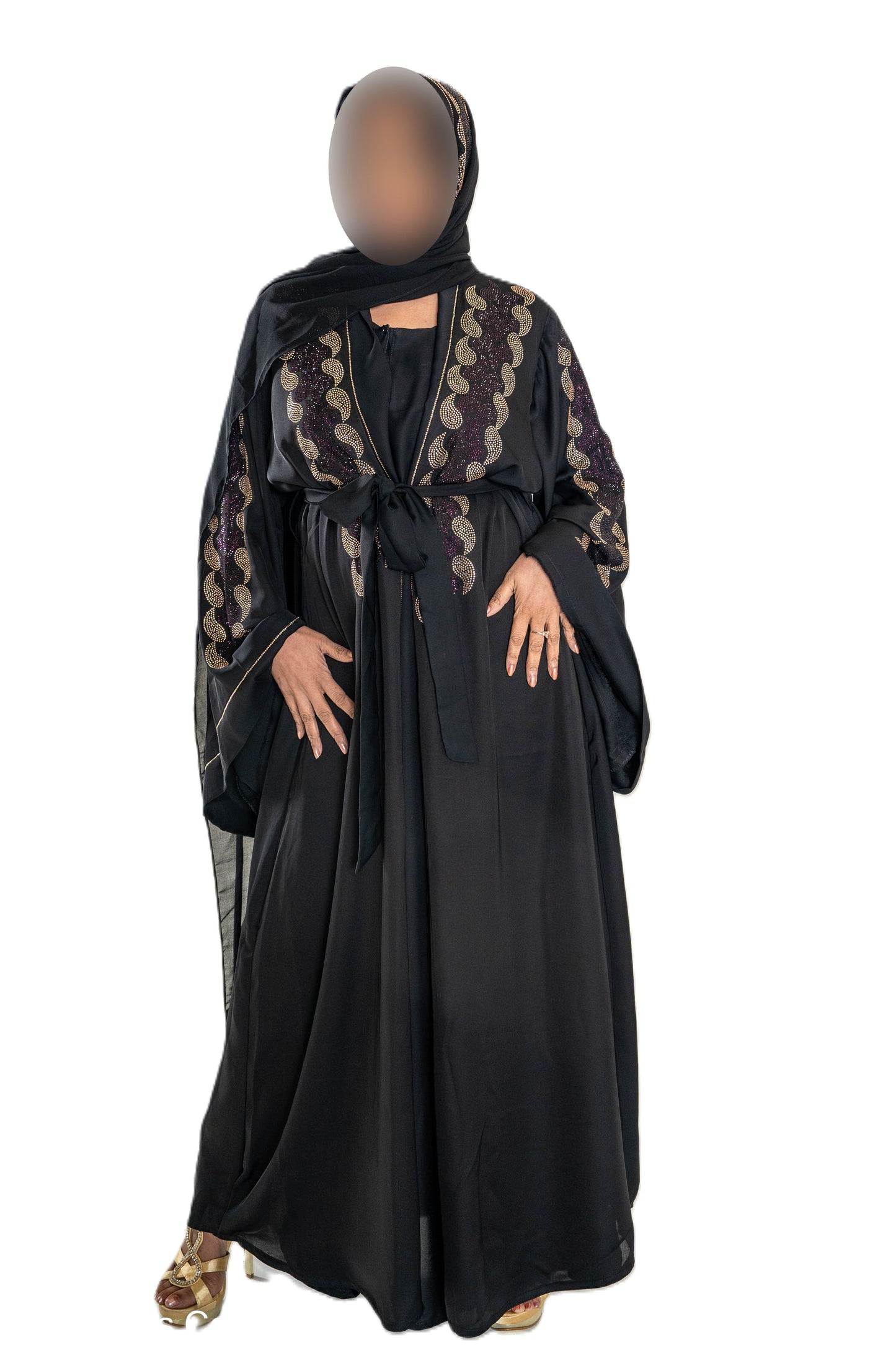 Maroon and gold DMC work on black abaya