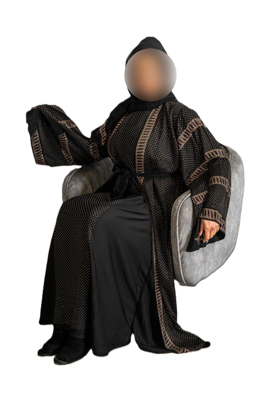 Full front Maroon and gold DMC work on black abaya