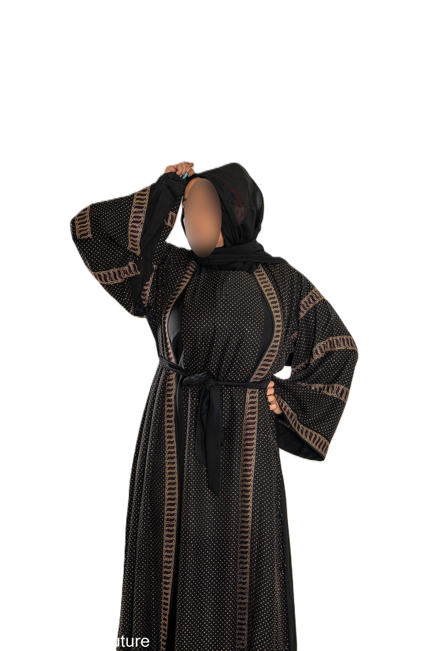 Full front Maroon and gold DMC work on black abaya