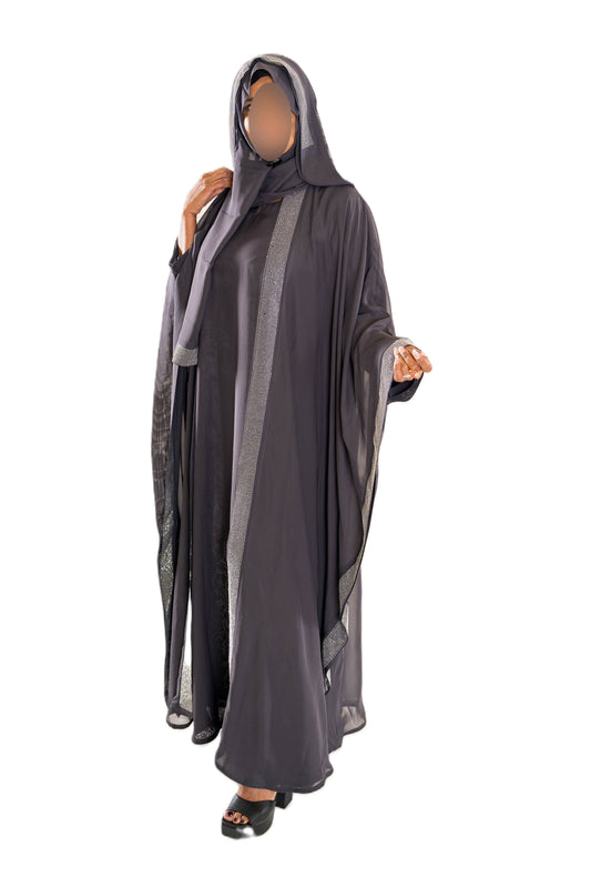 Elegant 3 Piece Fancy Abaya with Hood in Luxurious Chiffon Fabric for Any Occasion