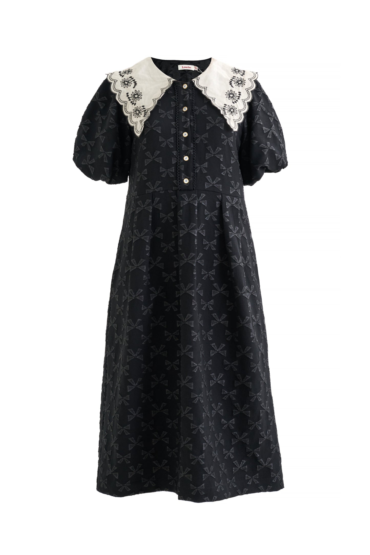Iris Bow Black Jacquard White Embroidered Collar Midi Dress
