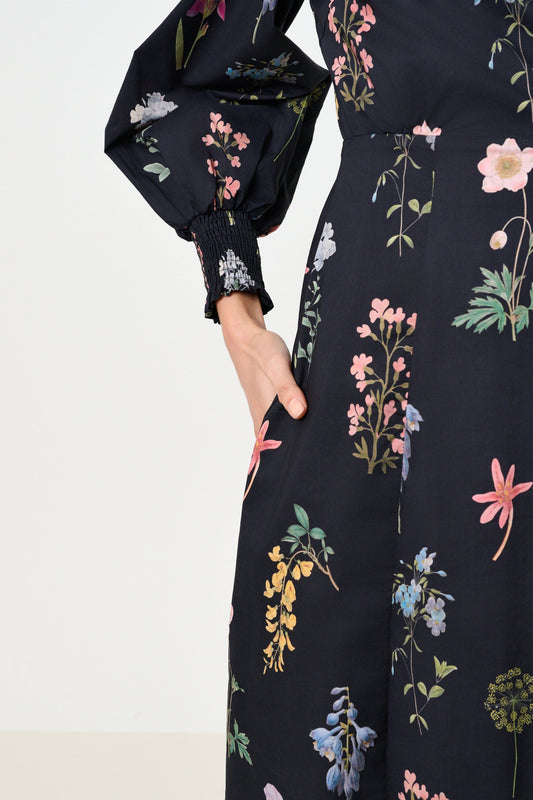 Jessie Flower Press Print Frill Neck Midi Dress