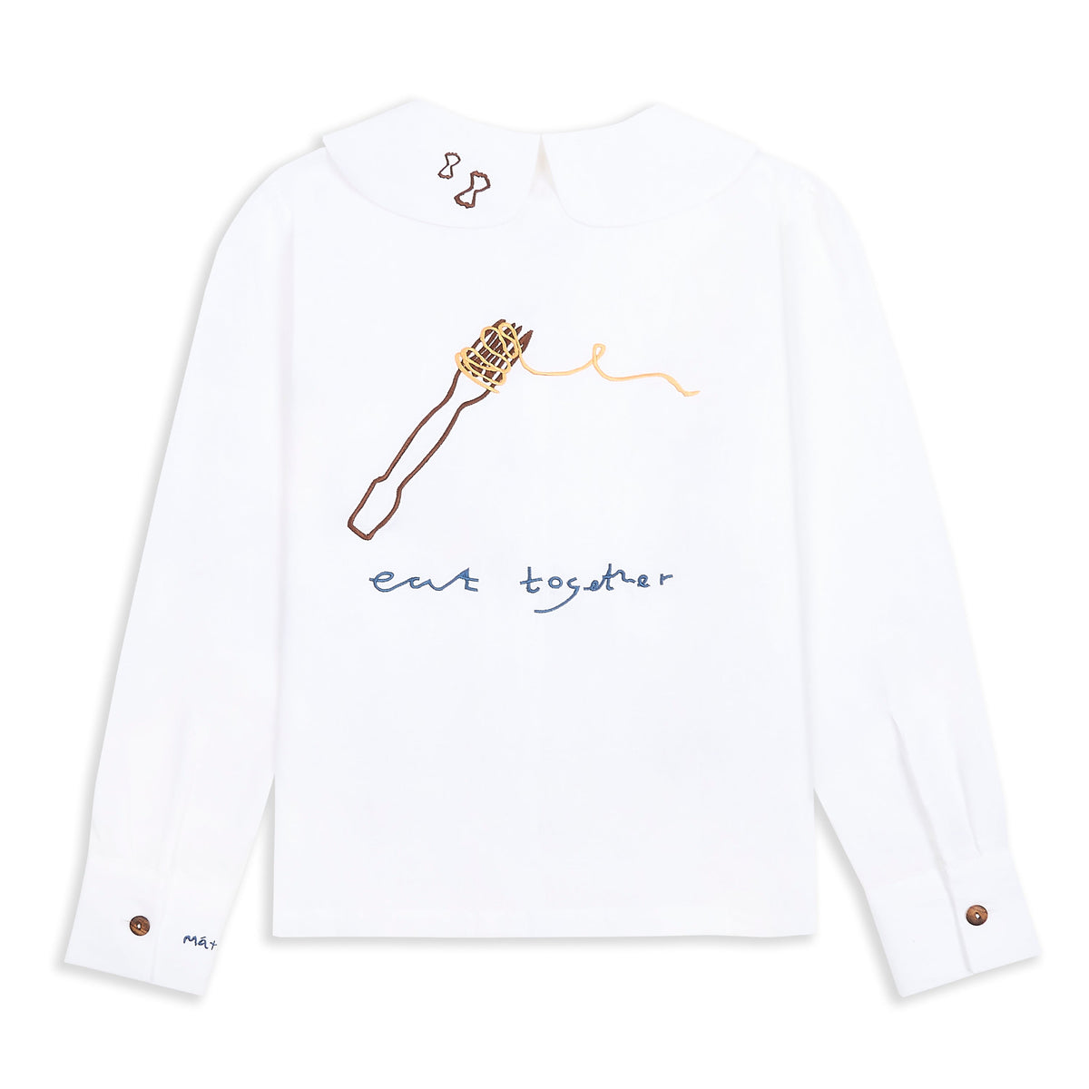 Eat Together Embroidered Claudine Linen Blouse - White x Sshepaints