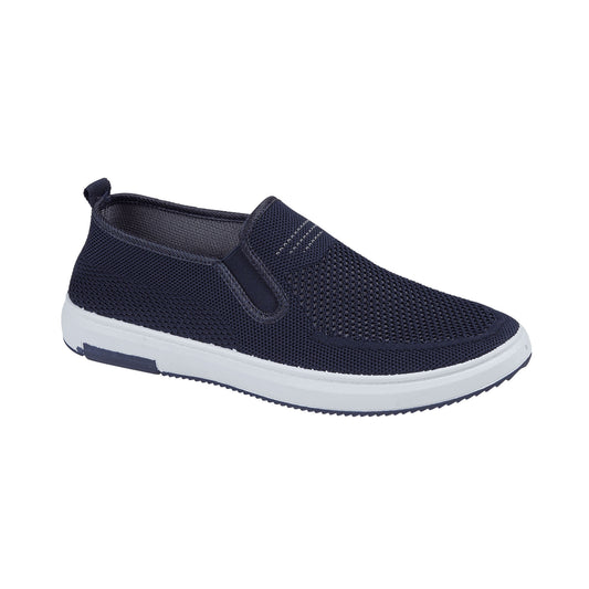 Navy slip-on shoe with white sole on a white background