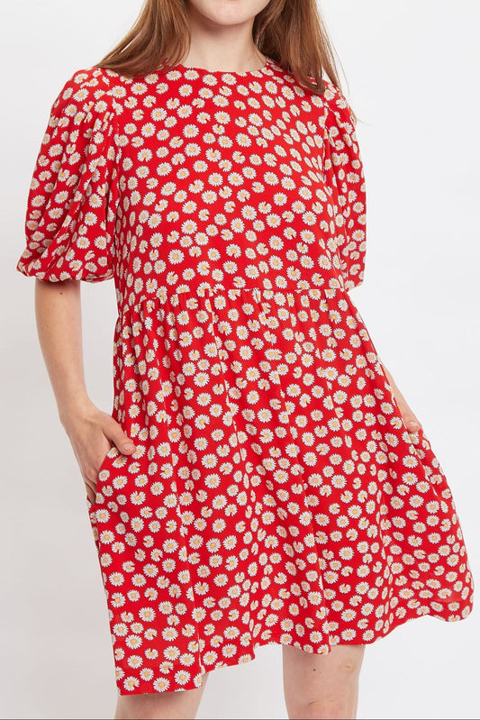 Louche Nacera Daisy Dancer Print Statement Sleeve Mini Dress - Red