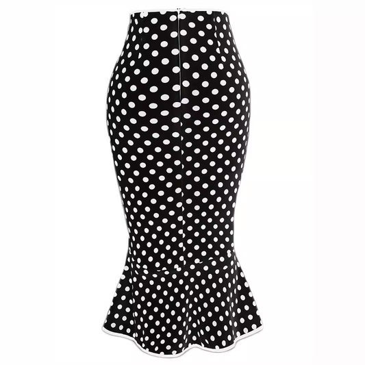 Button Lace-up Polka Dots Half Body Slim-fit Fishtail Skirt