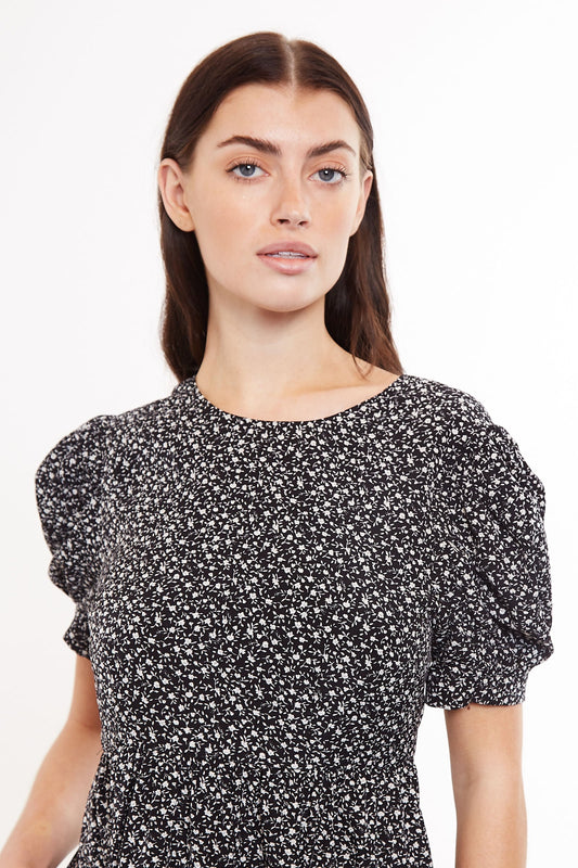Louche Stasia Night Flower Print Statement Sleeve Midi Dress