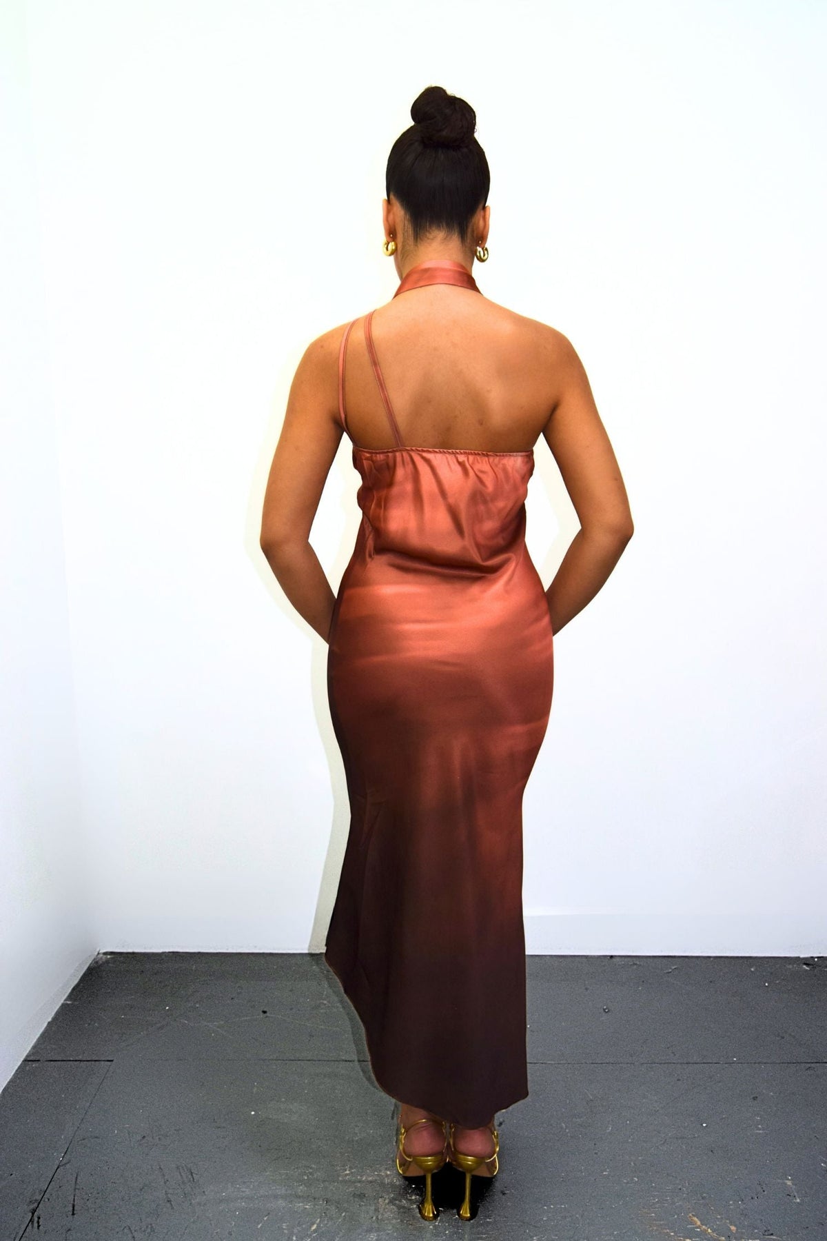 Brown Satin Ombre Asymmetrical Tie Neck Slip Midi Dress