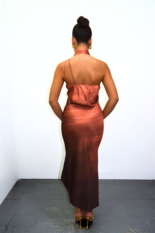 Brown Satin Ombre Asymmetrical Tie Neck Slip Midi Dress
