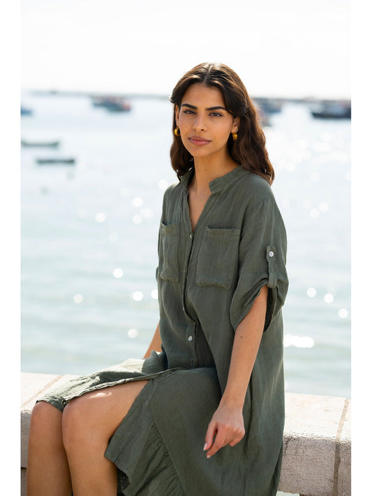 Yumi Khaki Italian Linen Shirt Dress With Frill Hem
