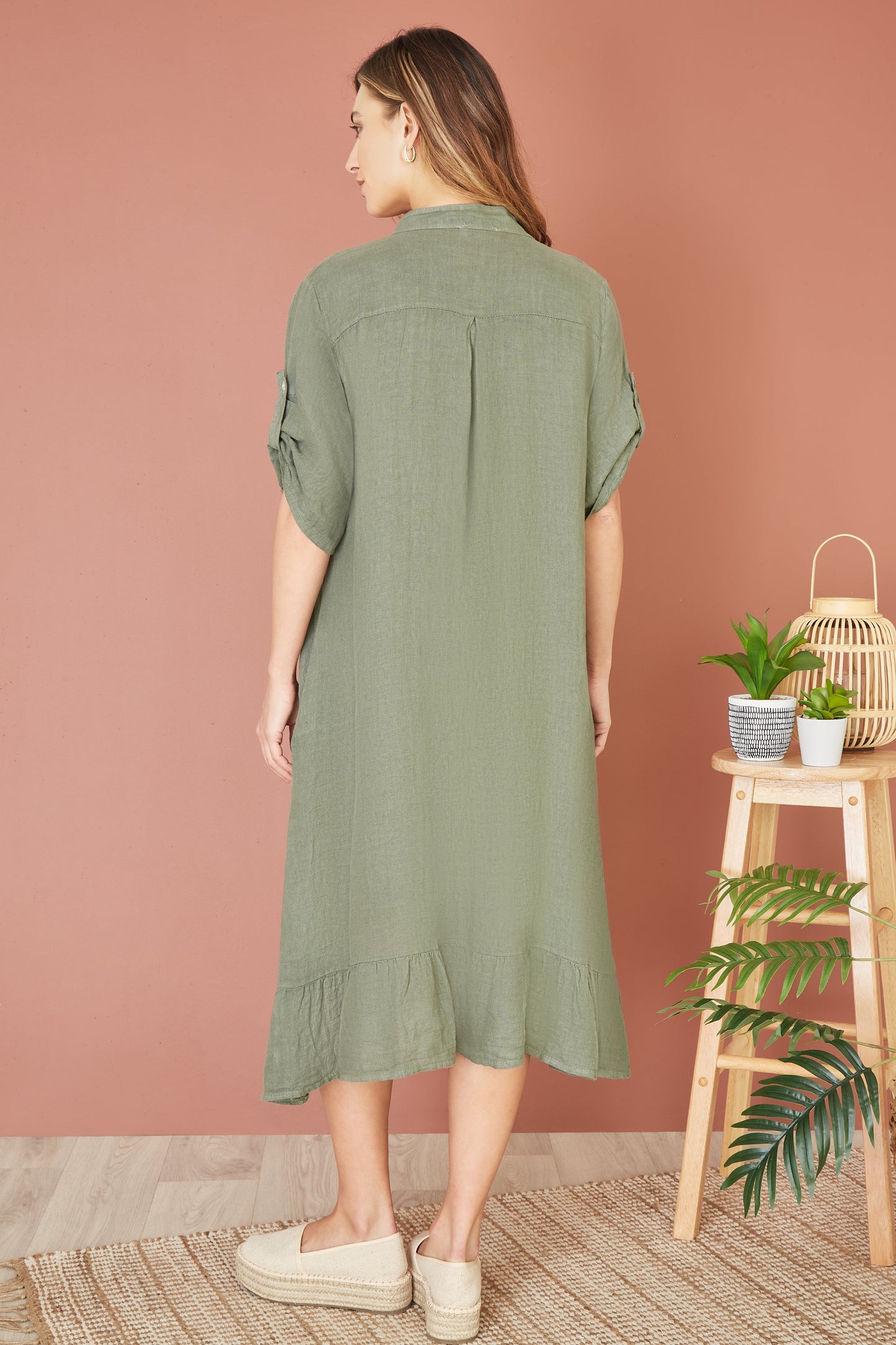 Yumi Khaki Italian Linen Shirt Dress With Frill Hem