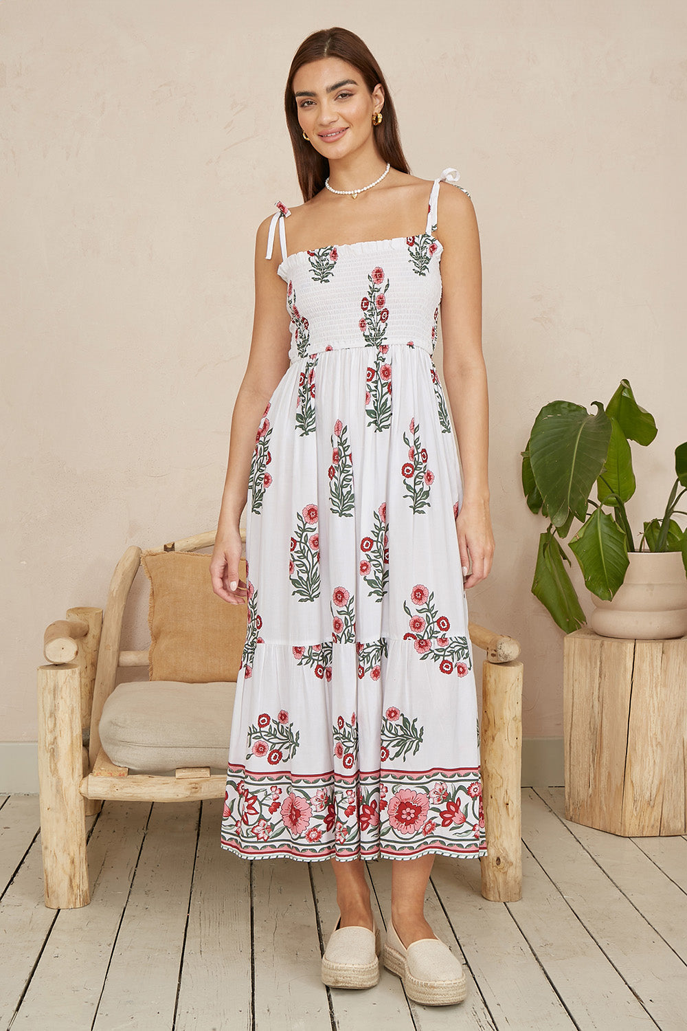 Yumi White Floral Printed Smocked Midi Dress