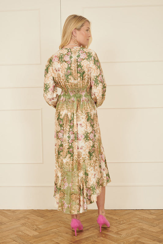Yumi Green Viscose Scarf Print Tie Front Midi Dress With Dip Hem