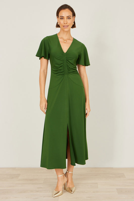 Yumi Green Ruched Front Stretch Midi Dress