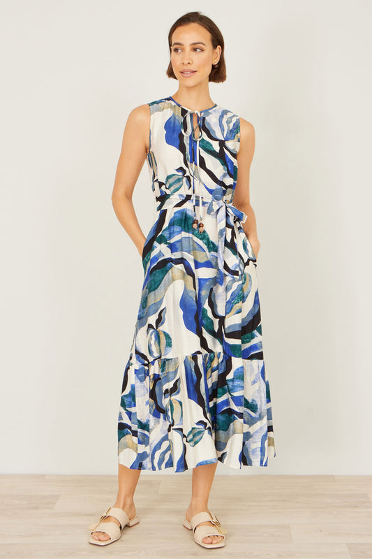 Yumi Blue Viscose Swirl Print Midi Dress
