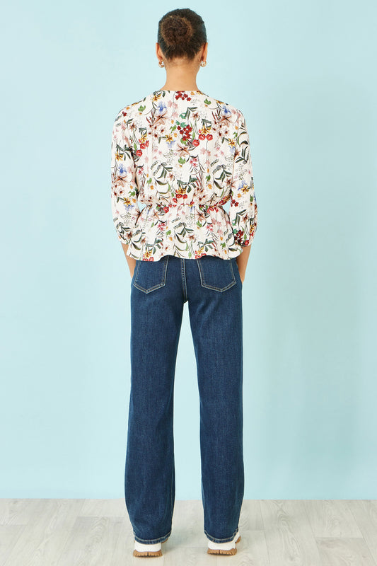 Yumi Ivory Viscose Botanical Print Wrap Top