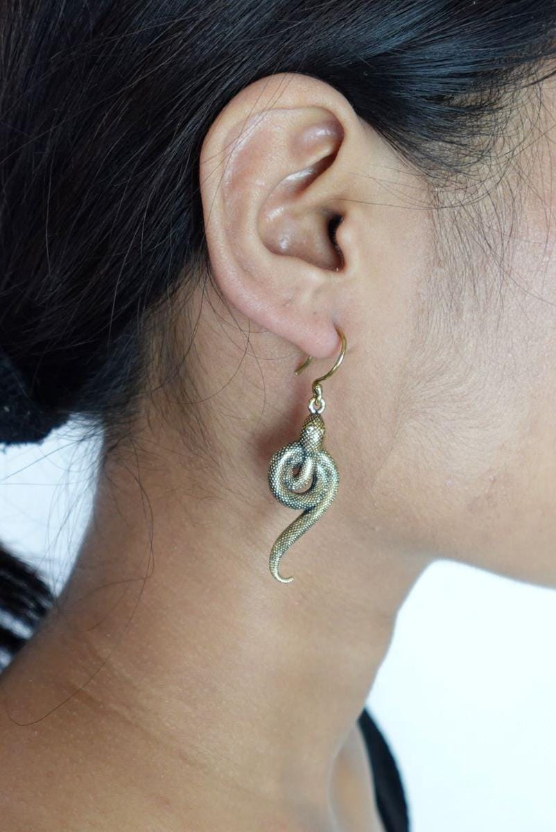 Venom Luxe Drops - Snake-Shaped Brass Dangles in Antique Silver-Gold Finish.