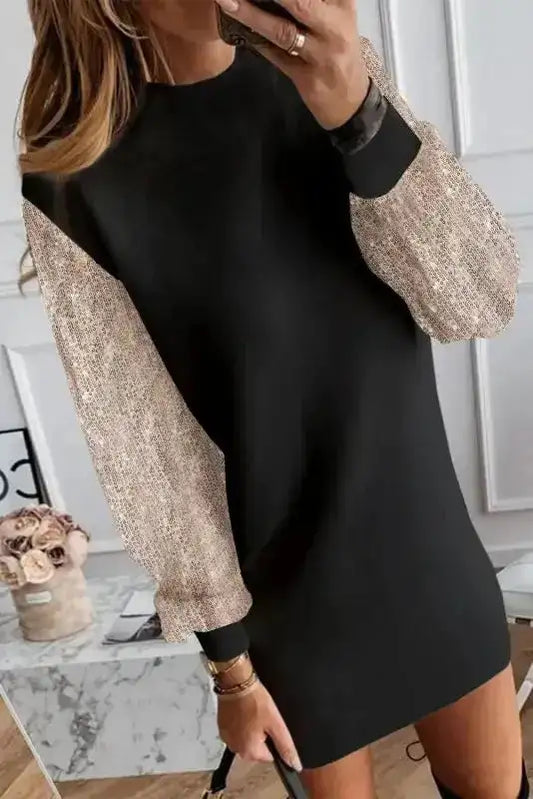 Black Shift Mini Dress – Sequin Balloon Sleeves