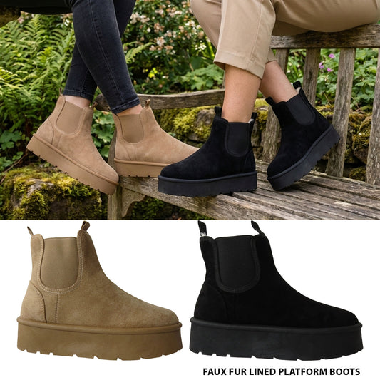 Athena Ladies Faux Suede Chelsea Boots – Platform Ankle with Cozy Faux Fur Lining