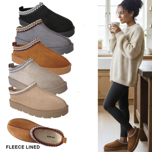 Atzi Ladies Embroidered Faux Suede Fur Lined Slippers Mules