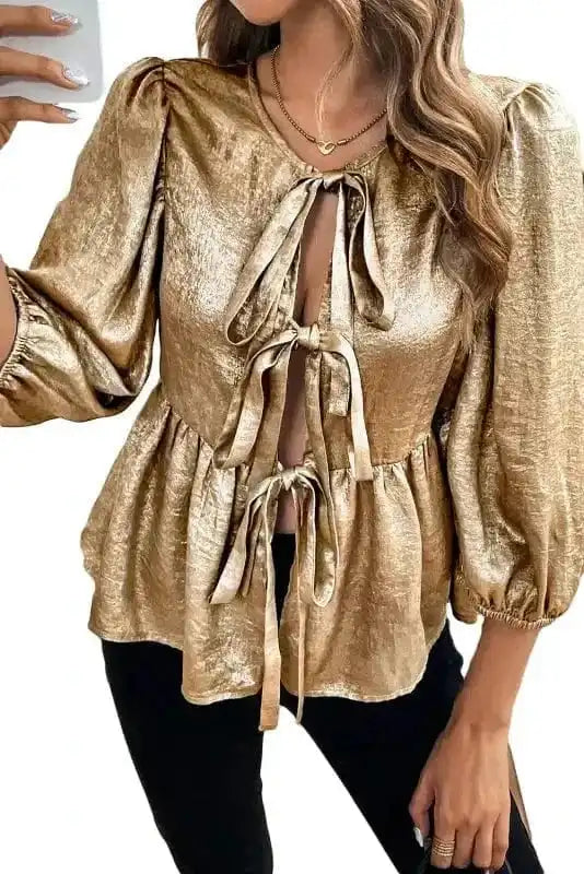 Elegant Gold Bow Tie Puff Sleeve Ruffle Blouse
