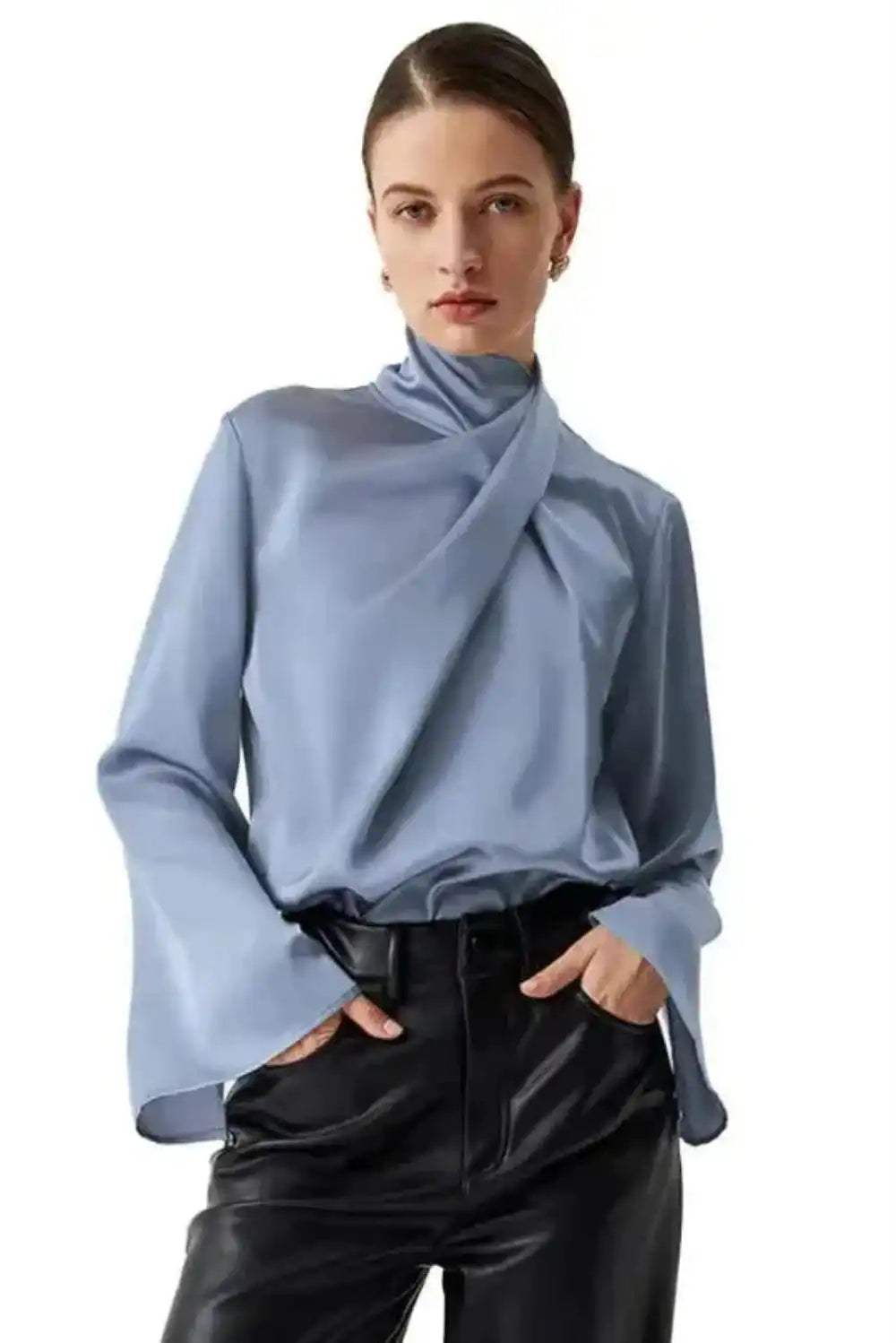 Ivy Asymmetric Blouse - Pleated Turtleneck Bell Sleeve
