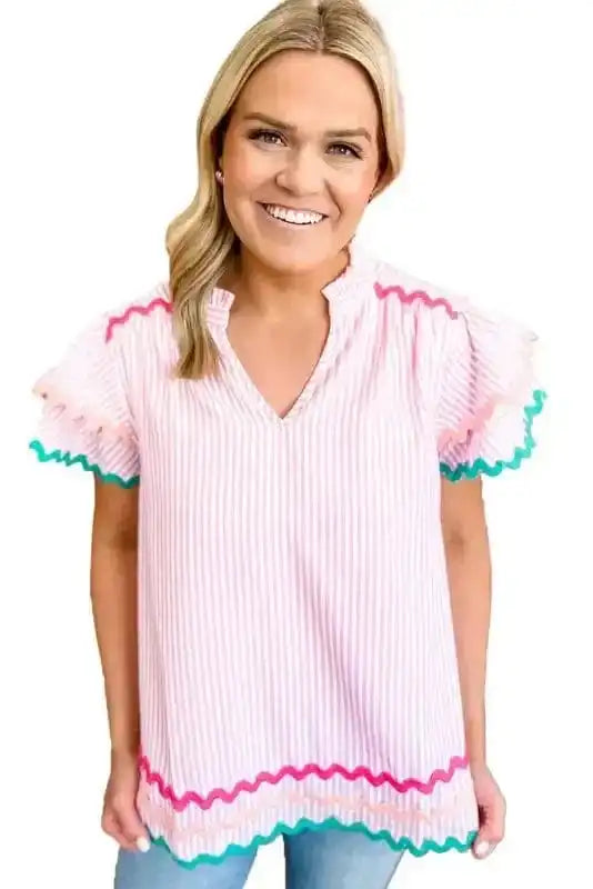 Sky Blue Stripe Ruffled Sleeve Blouse