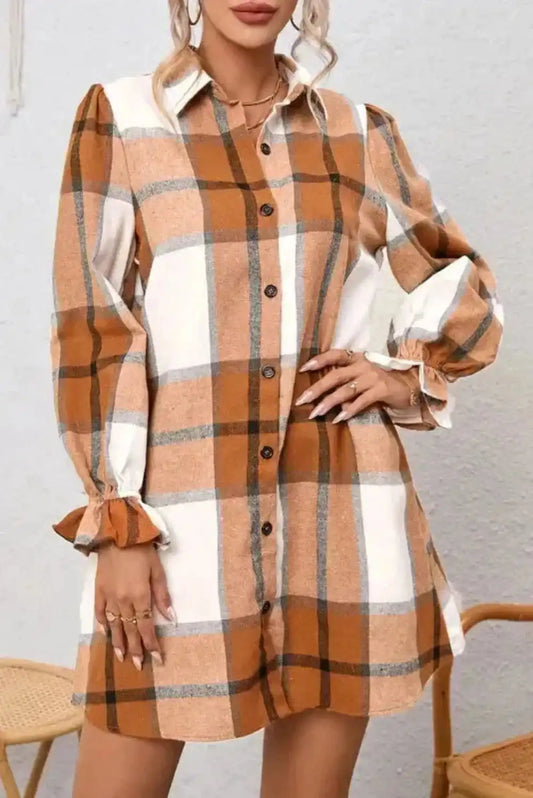 Khaki Plaid Ruffled Sleeve Shirt Dress