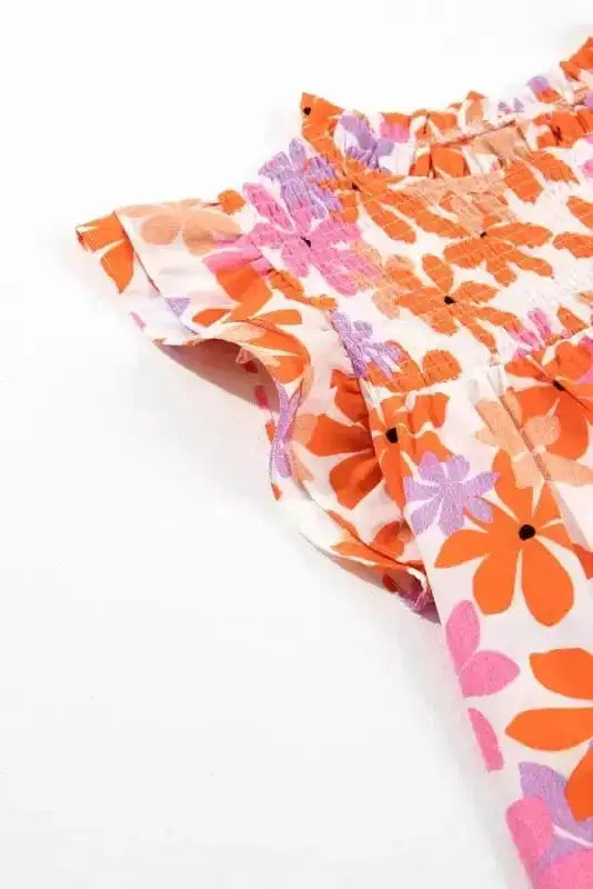 Orange Smocked Floral Top – Ruffled Short Sleeves