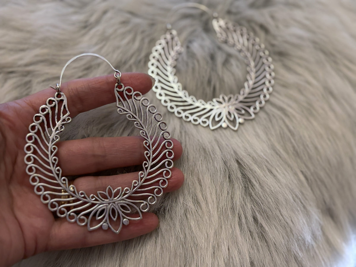 Golden/Sliver Lotus Filigree Hoops - Intricate Mandala-Inspired Brass Statement Earrings.