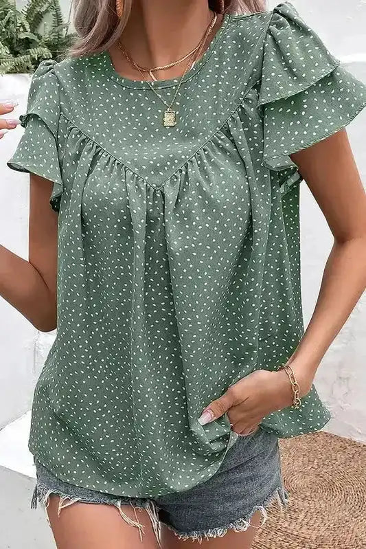 Laurel Green Dotted Ruffle Sleeve Blouse
