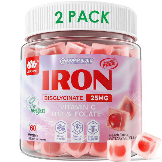 LILICARE Vegan Iron Gummies 25mg for Women – Sugar Free Peach Flavor, Vitamin C, Methyl B12, Folate | 60 Count (Pack of 2)