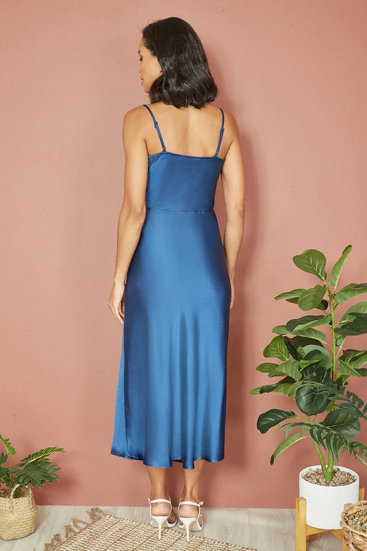 Yumi Navy Satin Cowl Neck Midi Slip Dress
