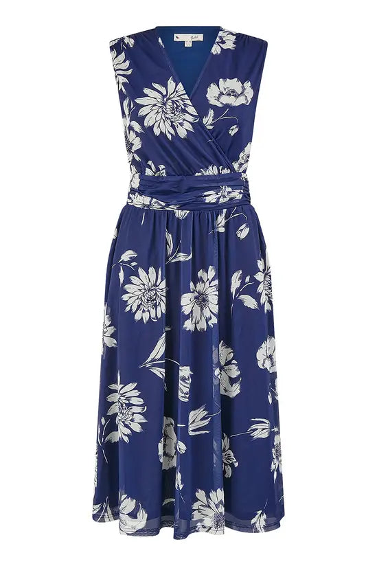 Yumi Navy Floral Print Stretch Mesh Dress With Pockets