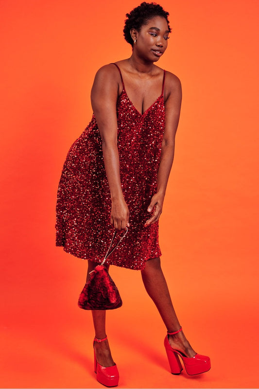 Red Sequin Curve Size Cami Swing Dress